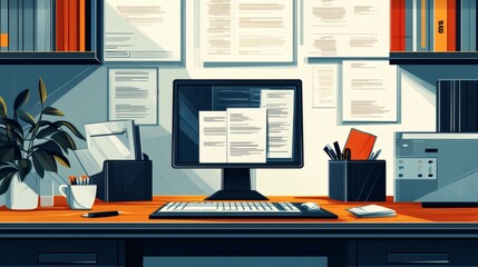 Clean, organized workspace with computer, documents, and plants on a desk.