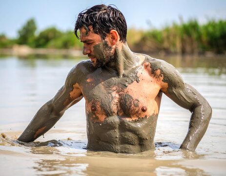 Man covered in mud in water