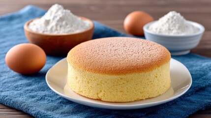 Delicious Homestyle Sponge Cake with Light Fluffy Texture and Golden Brown Top on Ceramic Plate Over Blue Cloth with Baking Ingredients