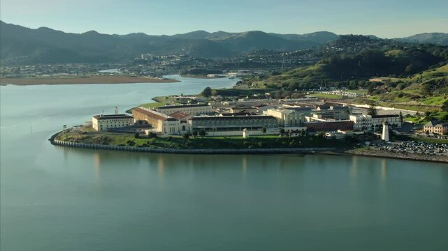 Aerial view of San Quentin Rehabilitation Center, a California state prison for men, located north of San Francisco in the USA, on a sunny day.