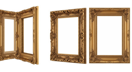 Five ornate antique golden Baroque Rococo picture frames with intricate carvings and filigree, horizontally aligned on a transparent studio background, isolated, professional 3/4 view, luxury product