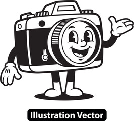 A friendly retro camera character mascot with a happy smile, classic cartoon vector art