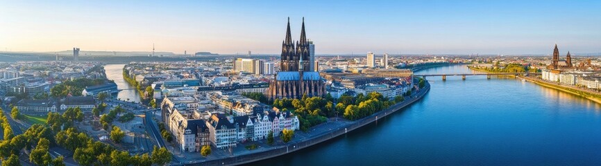 Naklejka premium Panoramic view of a European city, featuring a prominent cathedral and a river