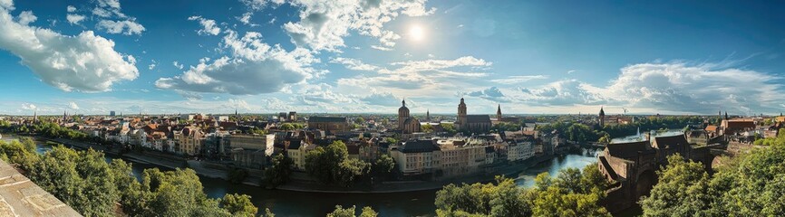 Fototapeta premium Panoramic view of a historic European city, nestled beside a river, under a partly cloudy sky