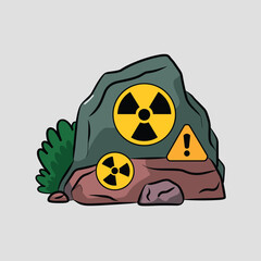 Radiation Hazard Scene with Warning Symbols and Rocks