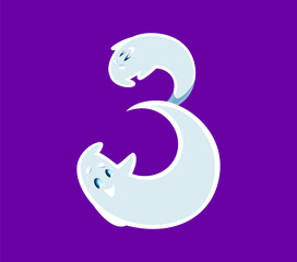 Obraz premium Halloween font 3 digit ghost cartoon funny character. Spooky creature or spirit latin alphabet three digit cute personage or English ABC vector figure or number, Halloween ghost font numeral symbol