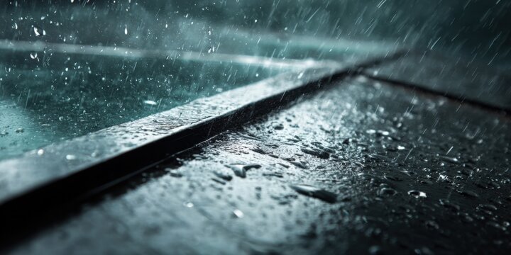 Close-up of wet reflective asphalt road du heavy rain with water puddles and droplets creating a glossy surface and atmospheric mood