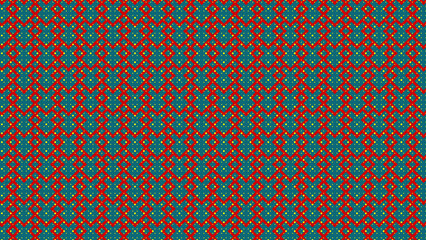 A repeating pattern of red lines and yellow dots on a teal background forming a geometric design
