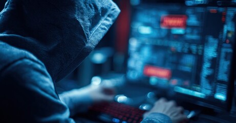 Person in hoodie using computer with multiple code screens in a dark environment for cybersecurity hacking programming or software development