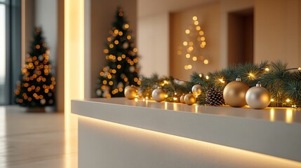 Elegant Christmas Holiday Decorations with Golden Baubles Pinecones and Warm Fairy Lights in Modern Festive Interior Setting
