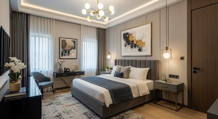 Photo of modern bedroom interior with a comfortable bed and stylish decorations