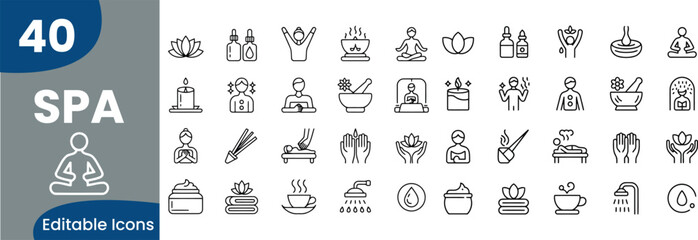 Collection of spa and wellness line icons for beauty and relaxation services 
