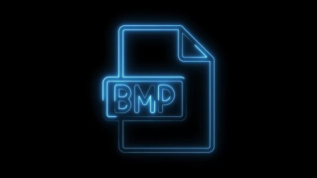Glowing blue neon B M P file icon pulsing with light on a dark background representing digital data and