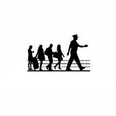 Silhouette of a security officer guiding travelers in a queue