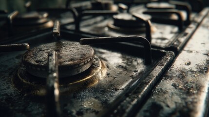 Close-up of a well-used modern gas stove burner with blackened surface and metallic grates, showing signs of heavy cooking and frequent use