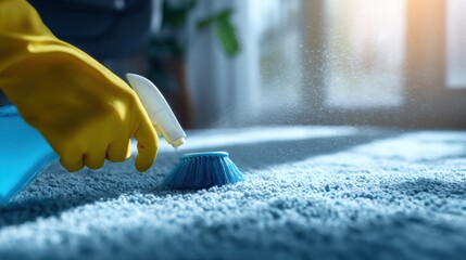 Man Cleaning Floor with Brush and Soap Using Spray Bottle in Bright Kitchen with Sunlight and Reflection