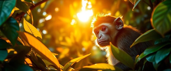 Sunlight dapples a curious monkey amidst vibrant jungle leaves,   lush,  sunlight