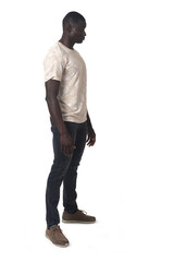 side view of a man standing on white background