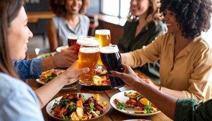 Friends raise beer glasses in toast at a casual restaurant