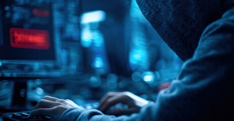 Male hacker in dark hoodie working on cyber security or hacking activity at computer with code and digital interface in a modern technology setting