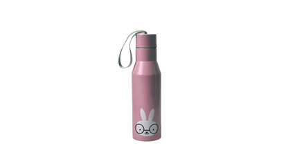A pink stainless steel water bottle with a cute bunny character print and a white carrying strap, isolated on a clean white background. Ideal for hydration, eco-friendly lifestyle, children's products