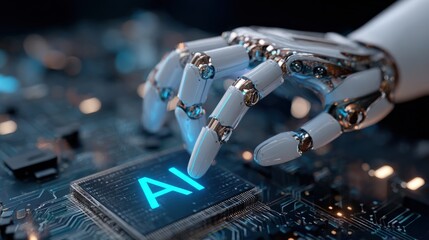 Close-up of a robotic hand interacting with a digital circuit board displaying AI text, representing robotics, artificial ligence, and technology innovation