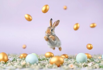 Tiny bunny joyfully leaps amidst floating pastel and gold Easter eggs on a lavender background, adorable bunny, gold