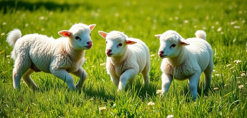 Three fluffy lambs frolic in a sun-drenched green meadow,  summer,  sunlight