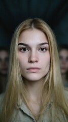 Fototapeta premium A serene, gazing woman of indeterminate European descent evokes introspection amid shadowy reflections, resonating with Dia de Muertos' quiet reverence