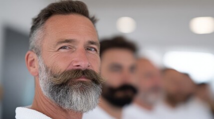 A contemplative Caucasian man with a majestic beard exudes wisdom and tranquility, perfect for Father's Day or Movember themes