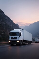 Majestic trucks glide through misty mountain dawn, symbolizing global transit's rhythm, echoing Truck Driver Appreciation Week's homage