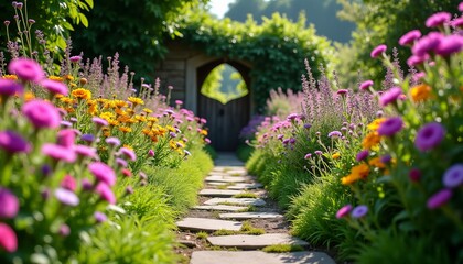 Secret Garden Pathway Through Blooming Flowers Rustic Wooden Gate and Sun-Dappled Leaves A Magical and Enchanting Escape