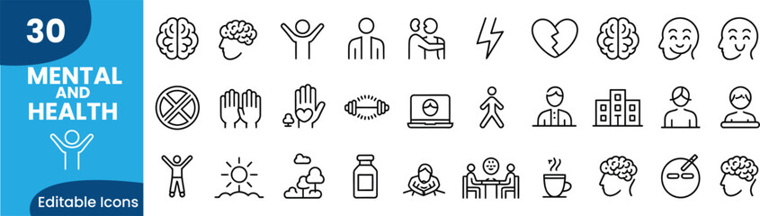 Set of 30 Editable Icons Representing Mental Health and Wellness Awareness Therapy 