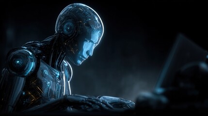 Futuristic robot working on a laptop computer with advanced technology interface in a dark high-tech environment