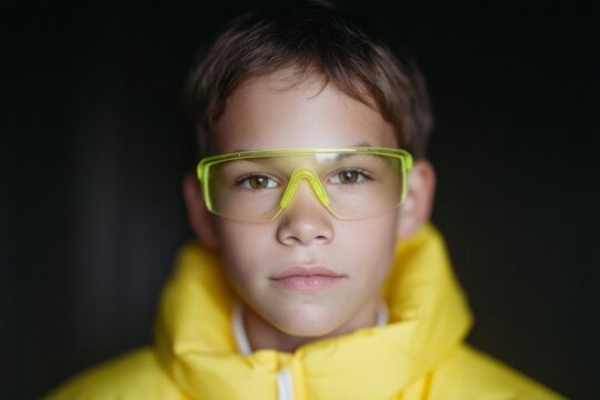 Under neon luminescence, a young Caucasian boy exudes futuristic calm, embodying Cyber Mondays tech spirit and World Youth Skills Day