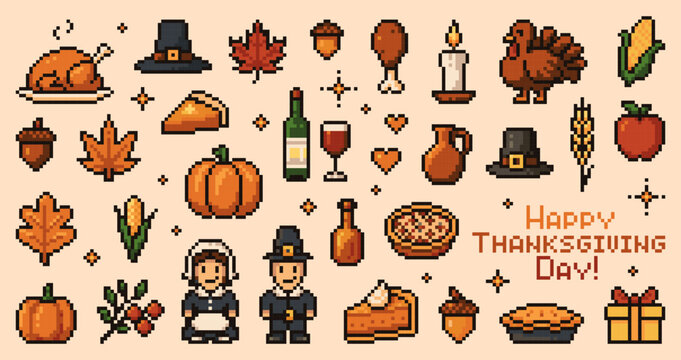 Y2k Thanksgiving day 8bit pixel game icons and stickers. Vector set of retro turkey, pumpkin, pie, corn, wine, candles, gifts and pilgrims. Fall leaves, acorn, seasonal harvest holiday food patches