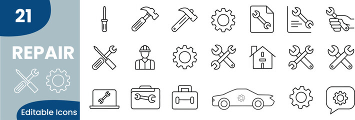Set of repair icons vector illustrations for fixing issues and maintenance services editable icons