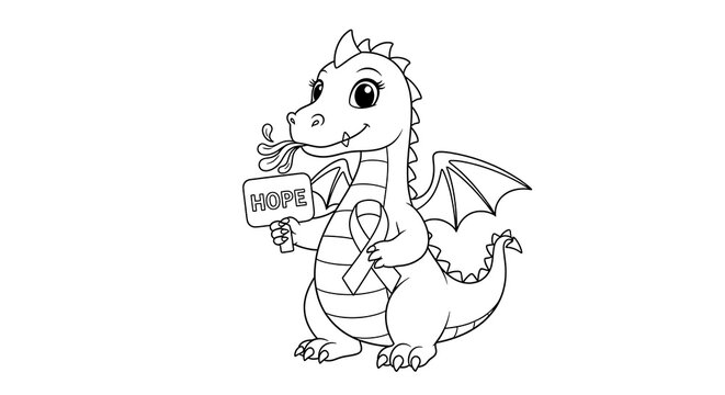 Adorable cartoon dragon, line art style, holding hope sign and awareness ribbon;  positive, supportive mood.