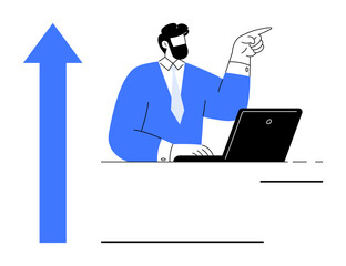 Man in blue suit and tie working on laptop, pointing upward next to blue arrow. Ideal for concepts thumbs up growth, success, direction, progress, leadership, motivation vision. Simple flat metaphor
