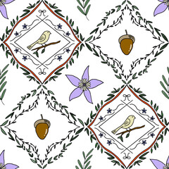 Bird, Flower, Leaves Seamless Pattern, Background, Acorns, Nature, Plant, Dimond Pattern, Floral Illustration, Design Resource, Drawing, Hand Drawn, Wallpaper, Textile
