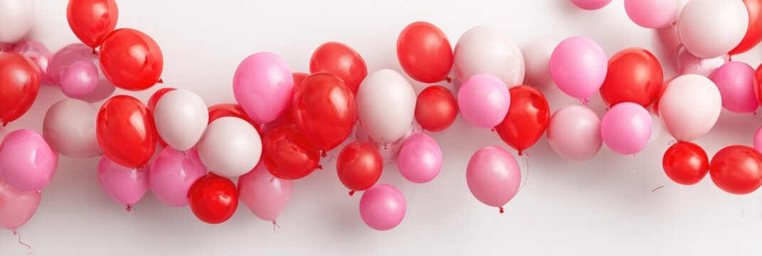 Pink and red balloons float on white