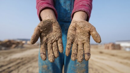 Dirty hands of hardworking Asian female farmer, gritty tenacity in soil, celebrating Plough Monday and Earth Day's essence