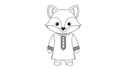 Obraz premium Adorable Cartoon Fox in Traditional Clothing: Line Art Illustration, Childlike, Friendly
