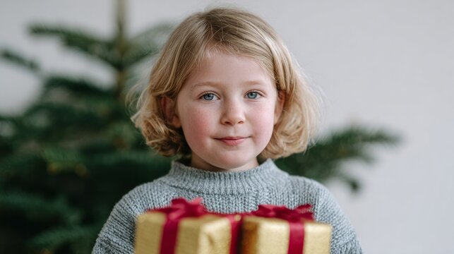 A young Caucasian girl with a whimsical smile offers gifts by the evergreen, celebrating Winter Solstice and Yule tidings