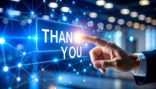 Hand interacts with a glowing digital "Thank You" message within a network interface
