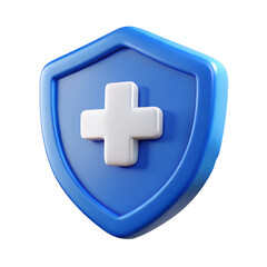 Obraz premium Illustration of blue shield with white cross icon for medical protection isolated on transparent background