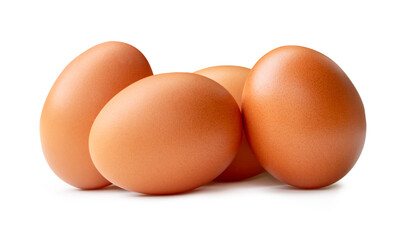 Four brown chicken eggs in stack isolated on white background with clipping path
