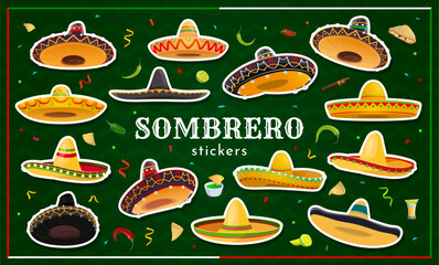 Cartoon mexican sombrero hats stickers. Mexico Amigo men costume element, Hispanic culture Charro cowboy outfit vector sticker or tag. Mexican Cinco de Mayo holiday yellow and black sombrero hat label