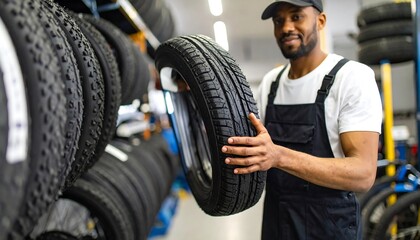 Fototapeta premium Mechanic holding tire in store
