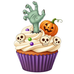 Fototapeta premium Halloween Cupcake with Zombie Hand and Pumpkin – Spooky Dessert Illustration for Halloween Party or Decoration